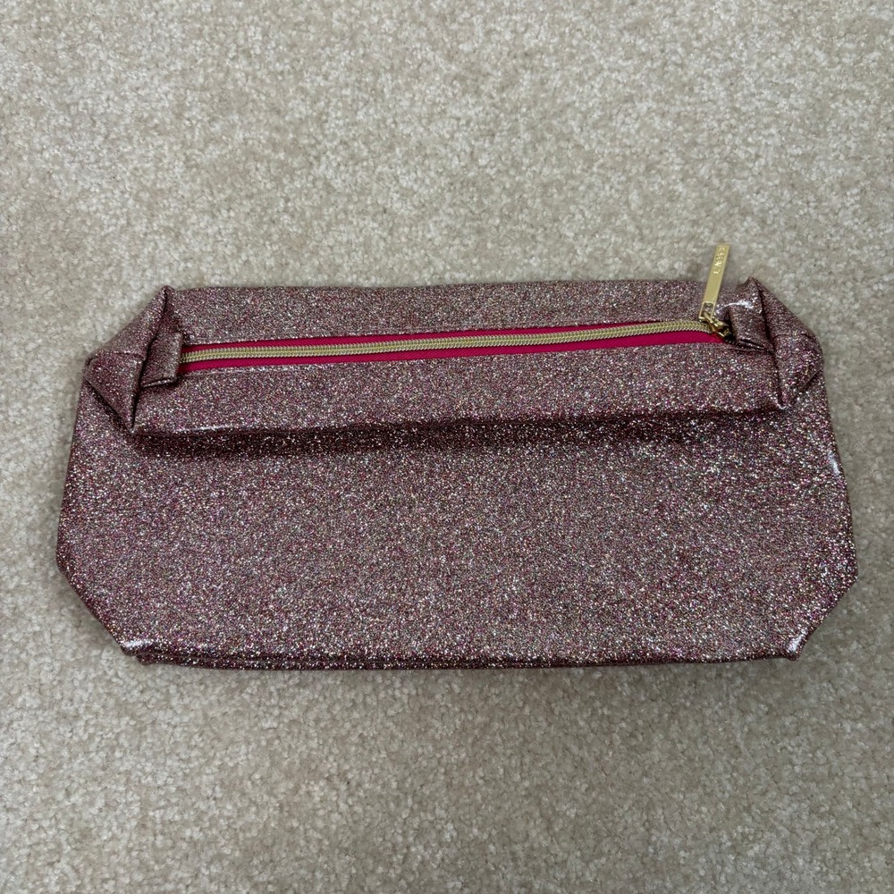 Lancome Glitter Cosmetic Bag Pouch Pink Rose Gold Zipper Makeup Organizer Travel